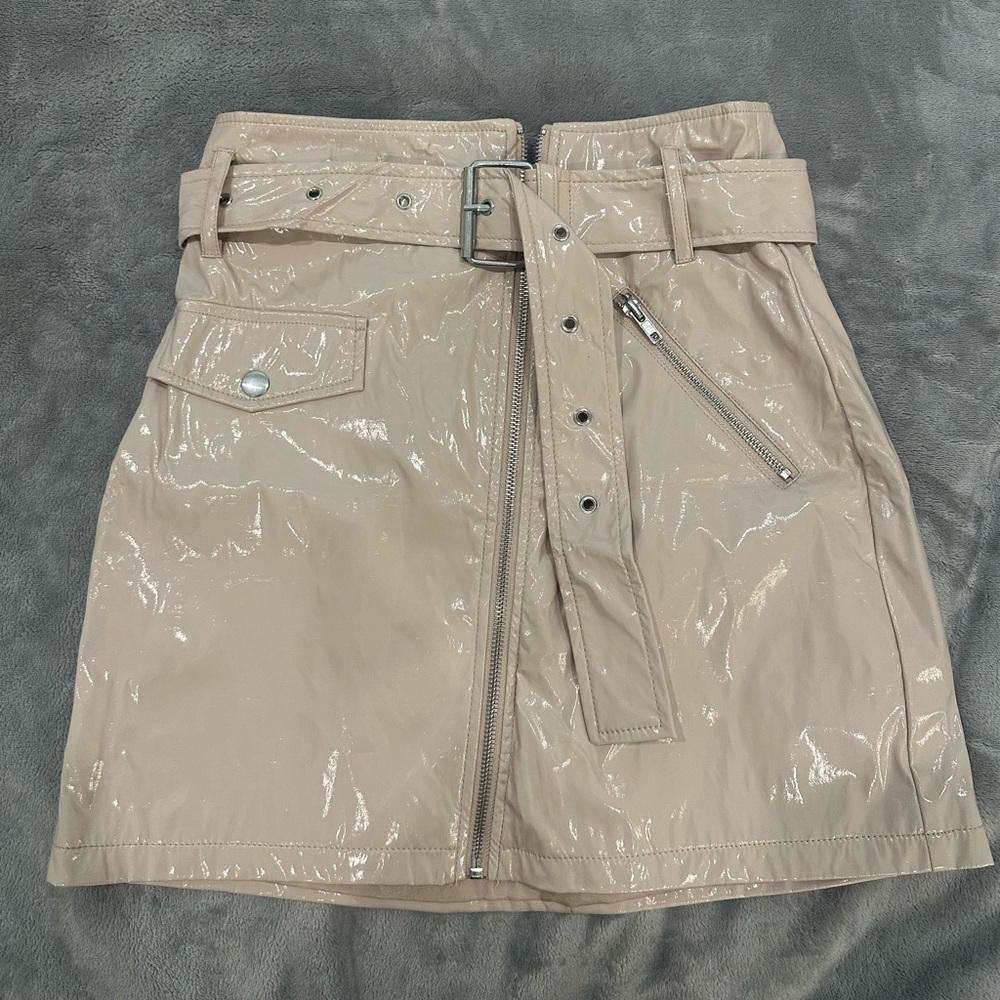 Latex Beige Mini Skirt with Belt